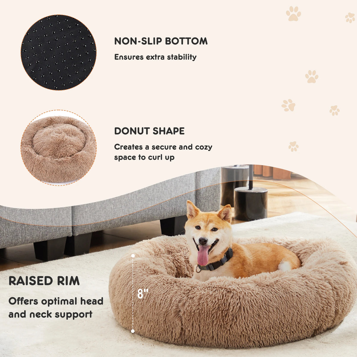 Round Calming Dog Bed With Washable Coral Fleece And Non Slip Base