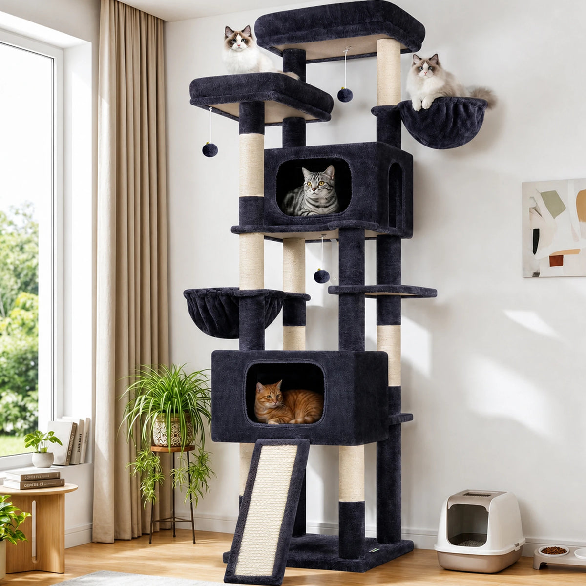 Globlazer 77" Large Cat Tree Tower for Indoor Cats, Multi-Level Cat Climbing Activity Center with 2 Condos, 2 Hammocks, Scratching Posts