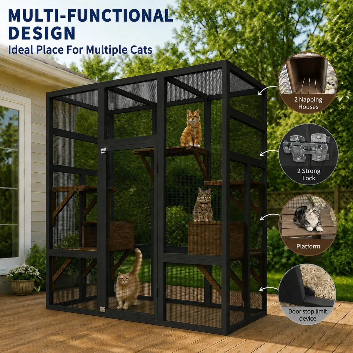 Outdoor Wooden Cat Enclosure With Weatherproof Roof And Multi Level Perches