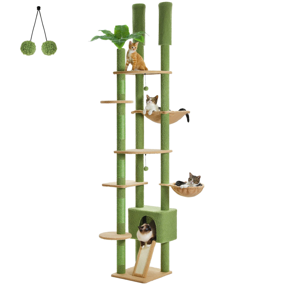 Height Adjustable Wooden Cat Tree With Hammock And Sisal Scratching Posts