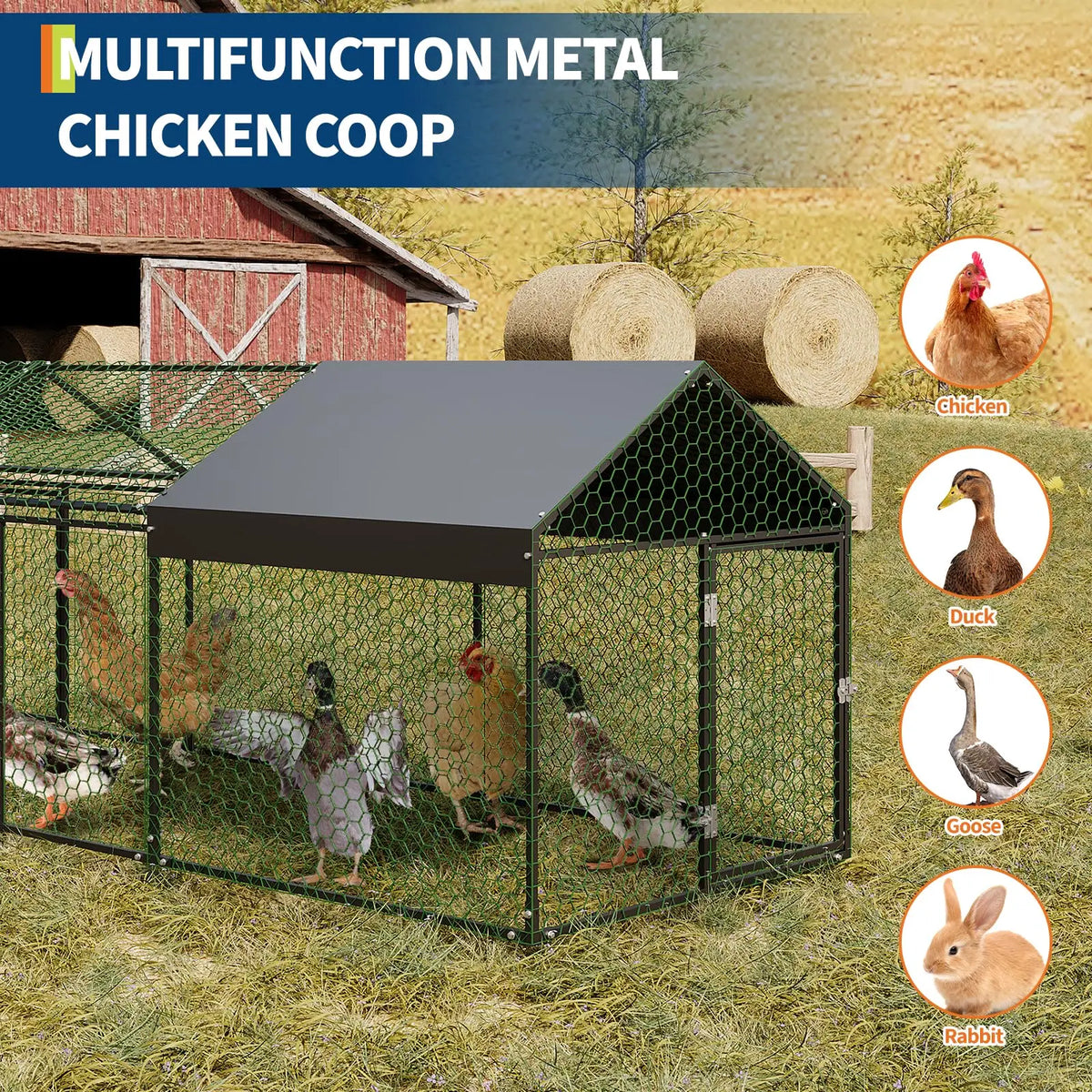 Outdoor Heavy Duty Metal Chicken Coop Walk In Run With Protective Cover