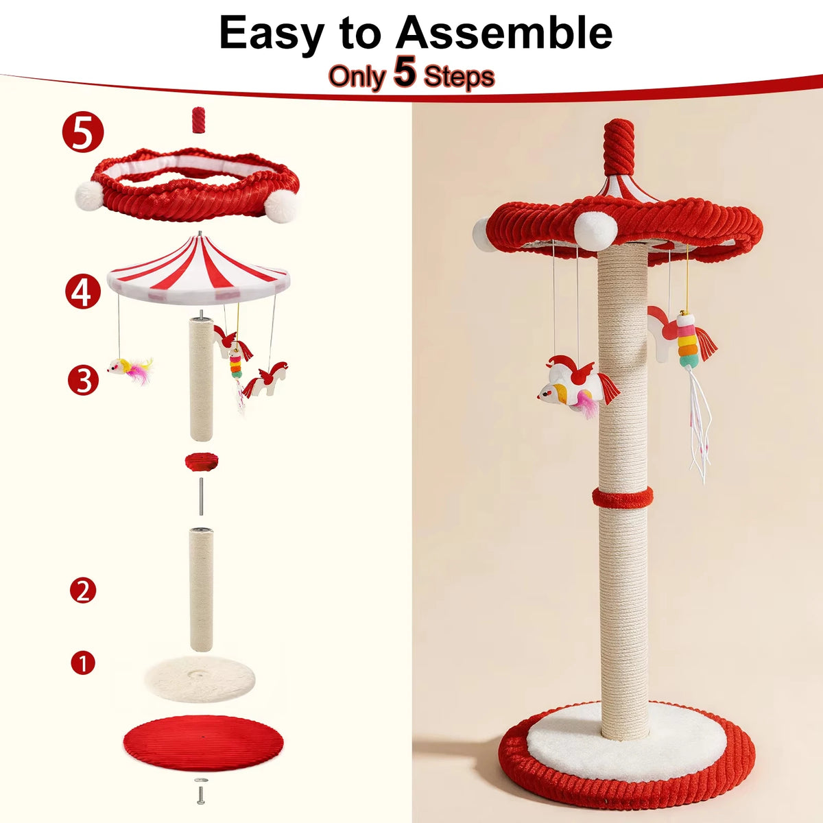 Rotating Carousel Cat Scratching Tower With Hanging Toys