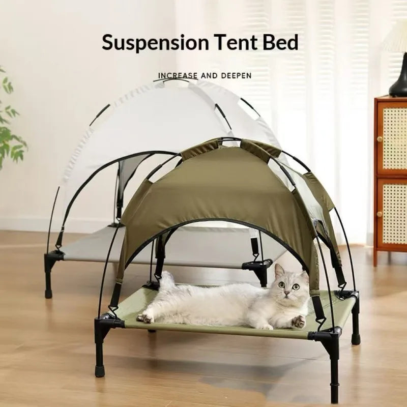 Detachable Sunshade Tent Raised Pet Bed UV Block Waterproof Canopy Breathable Ventilated Mesh Surface Sturdy Metal Support Frame Off-ground Anti-moisture Elevated Dog Cat Bed Outdoor Lawn Camping Anti-sun Sleeping Bed For Sma