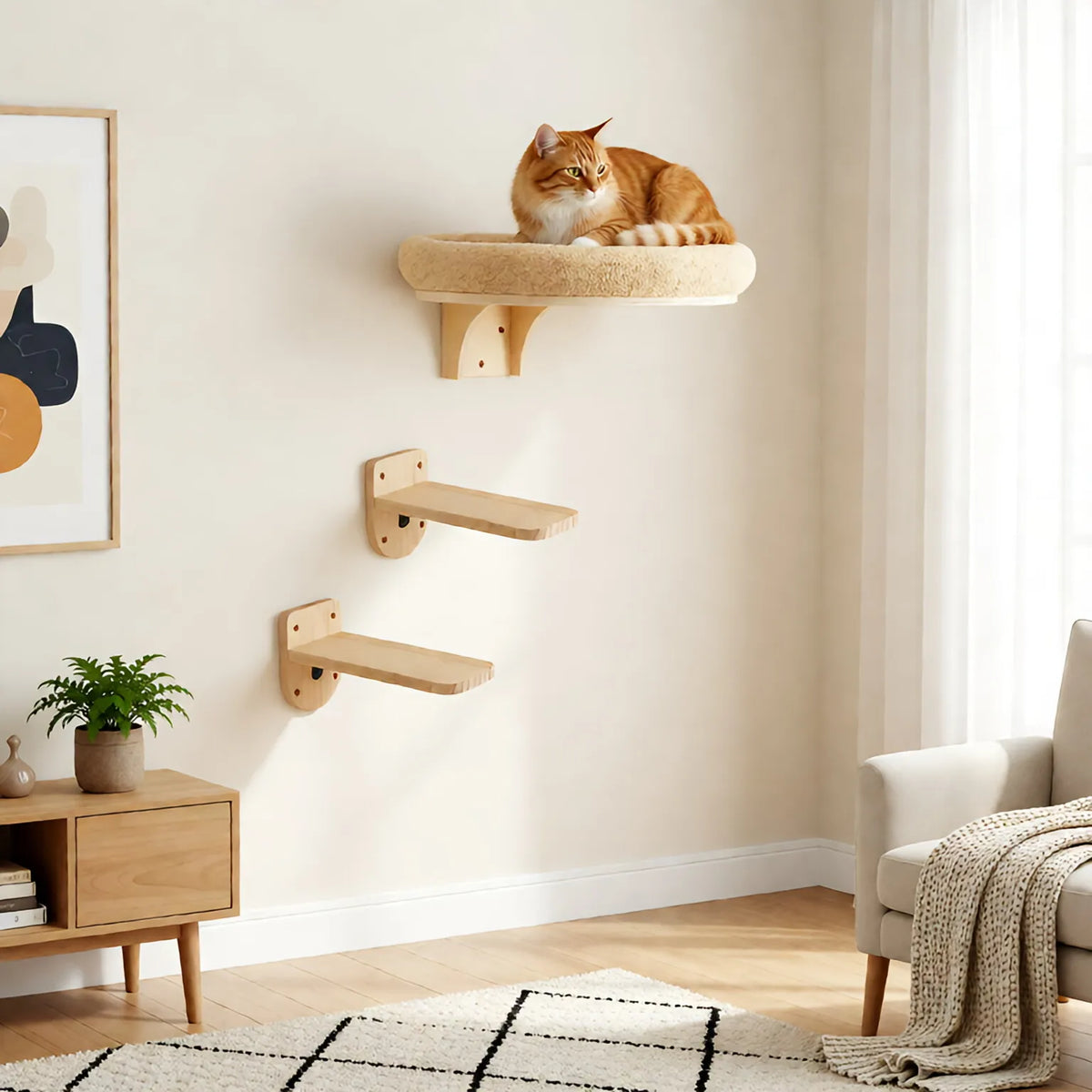 Wall Mounted Solid Wood Cat Shelf With Ladder Hammock And Scratch Post