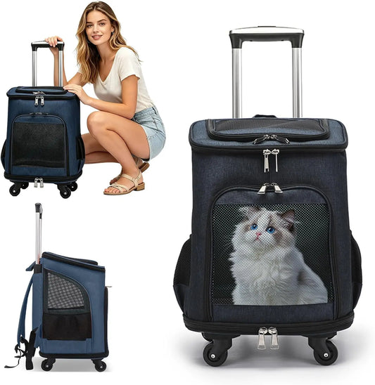 3-in-1 Wheeled Pet Carrier Backpack: Foldable Rolling Travel Carrier with 4-Sided Mesh Ventilation, Removable Pad & Airline Approved for Small Dogs and Cats