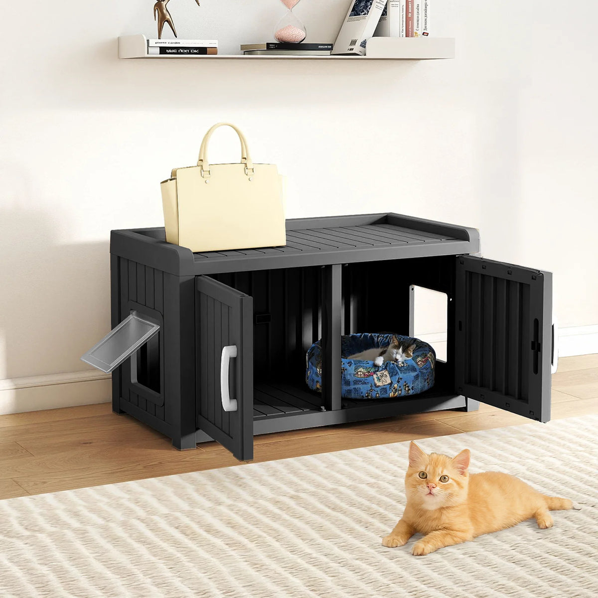 All Weather Double Door Resin Cat House For Indoor And Outdoor Pets
