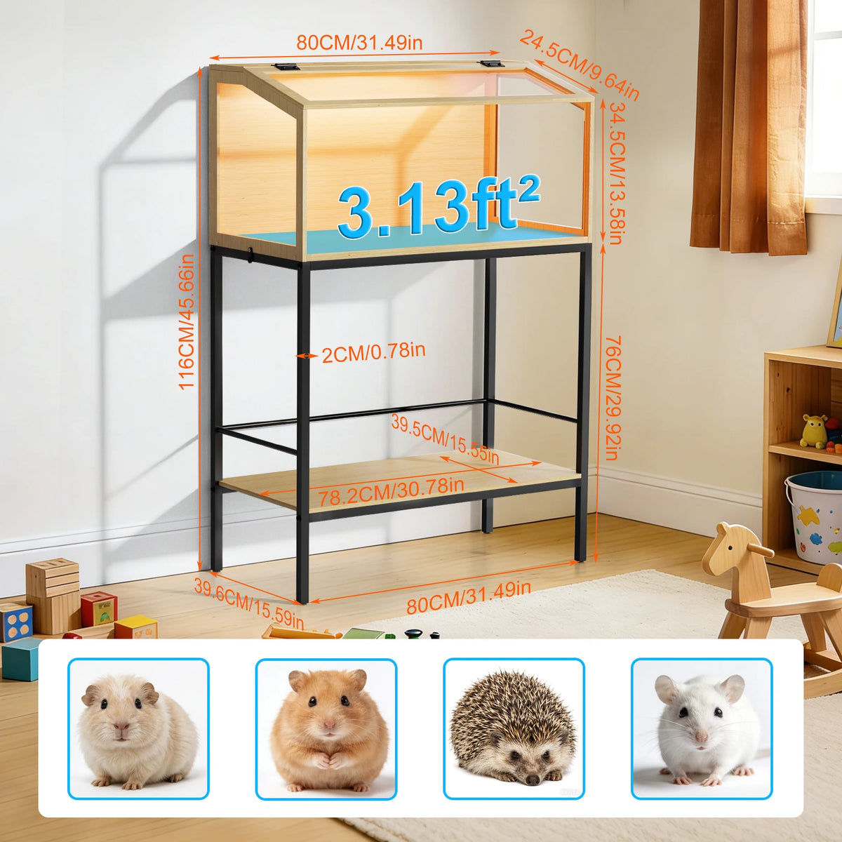 Spacious Wooden Hamster Cage With Clear Glass And LED Lighting