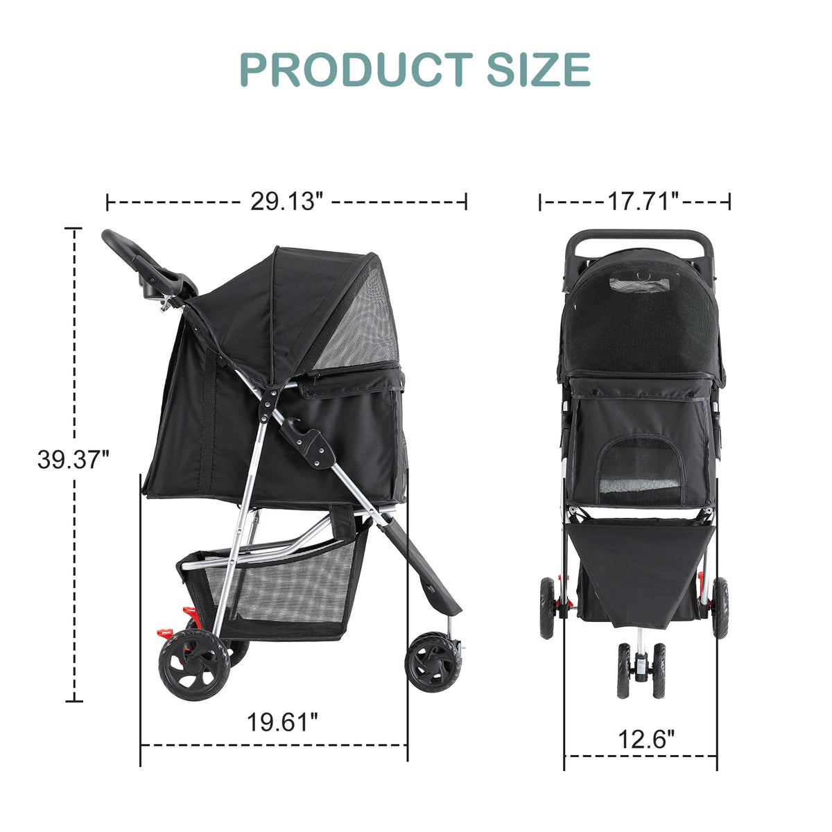 Foldable Three Wheel Pet Stroller With Mesh Windows And Storage Basket