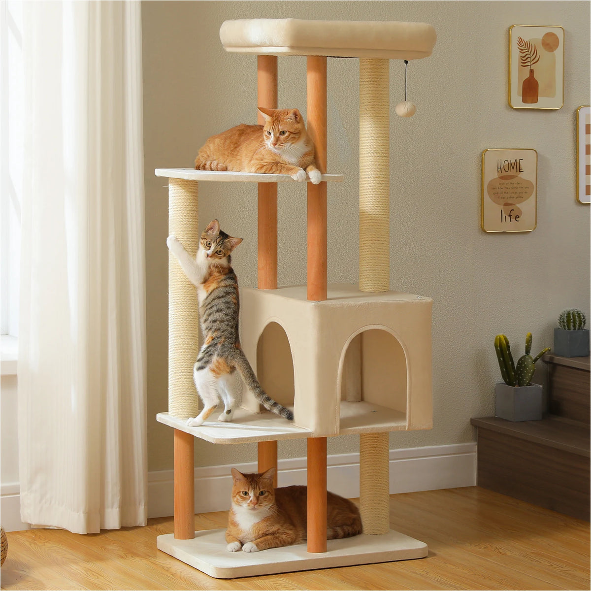 Modern Multi Level Cat Tree with Condo Sisal Scratching Posts and Bed