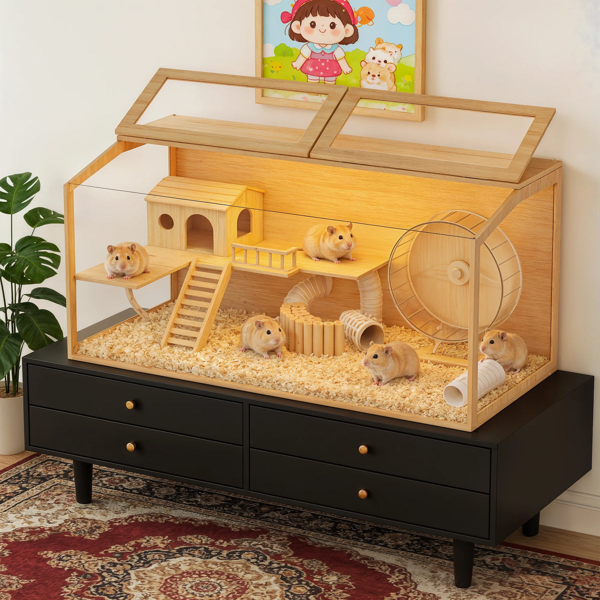 Spacious Wooden Hamster Cage With Clear Glass And LED Lighting