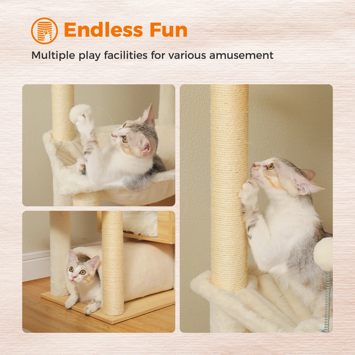 Height Adjustable Wooden Cat Tree With Hammock And Sisal Scratching Posts