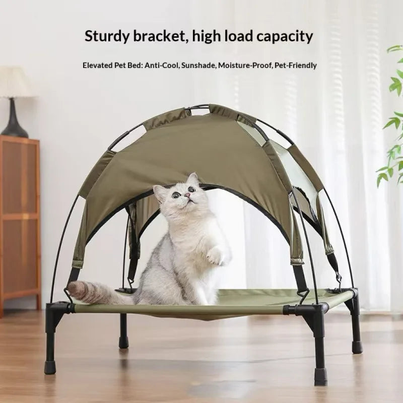 Detachable Sunshade Tent Raised Pet Bed UV Block Waterproof Canopy Breathable Ventilated Mesh Surface Sturdy Metal Support Frame Off-ground Anti-moisture Elevated Dog Cat Bed Outdoor Lawn Camping Anti-sun Sleeping Bed For Sma