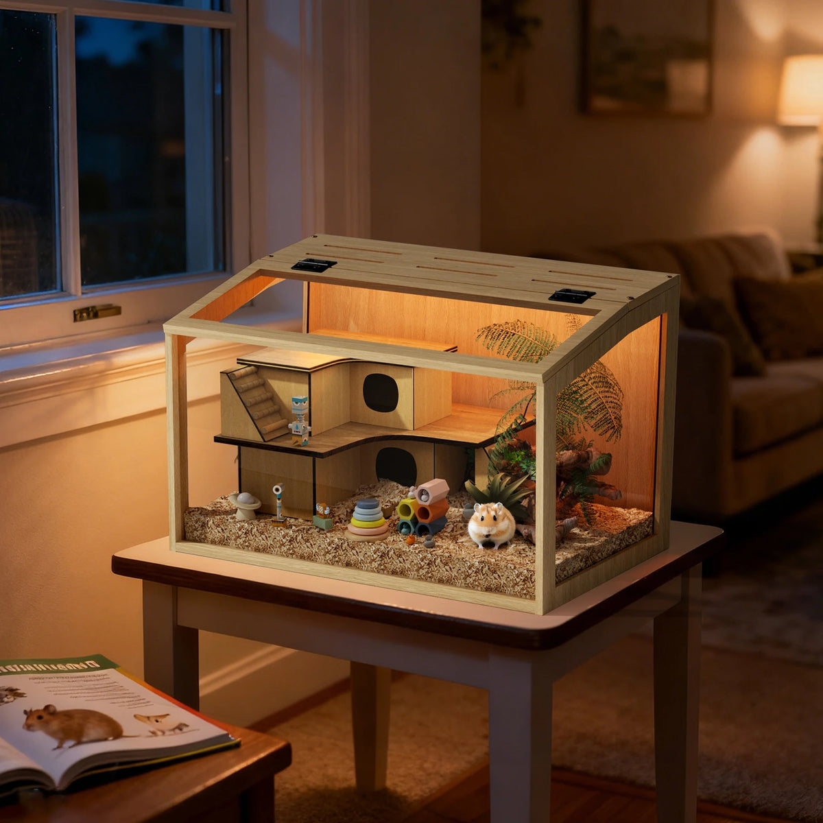 Spacious Wooden Hamster Cage With Clear Glass And LED Lighting