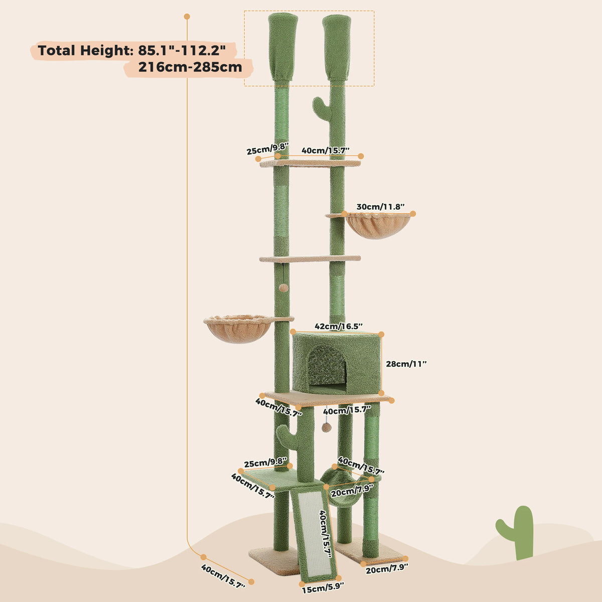 Cactus Cat Tree Floor To Ceiling Tower With Hammocks And Condos