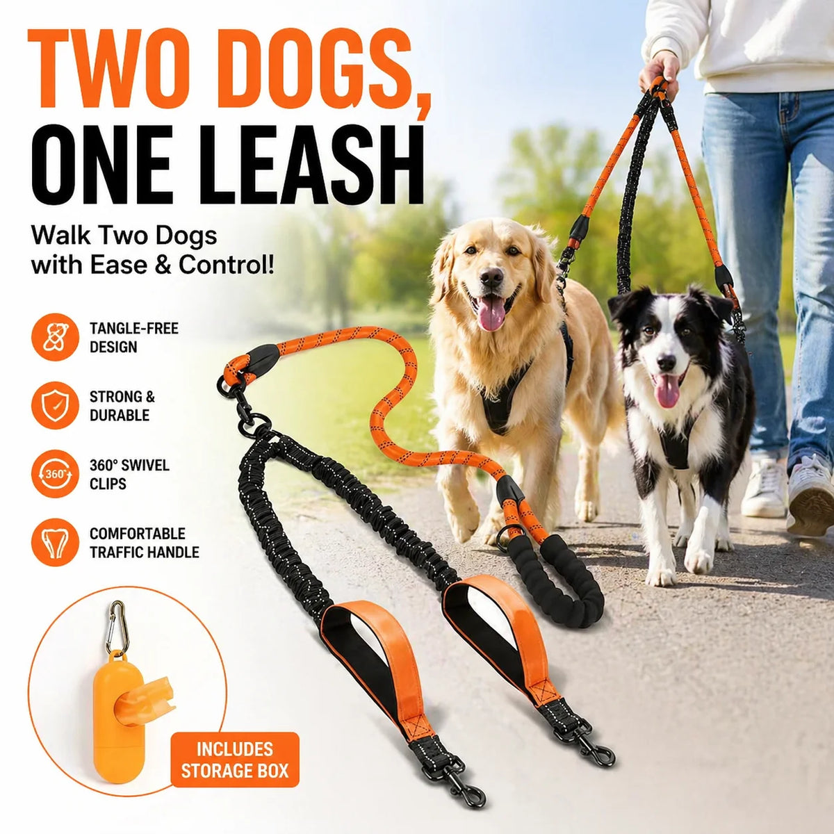 Reflective Double Dog Leash With Two Handles Non Tangle Shock Absorbing