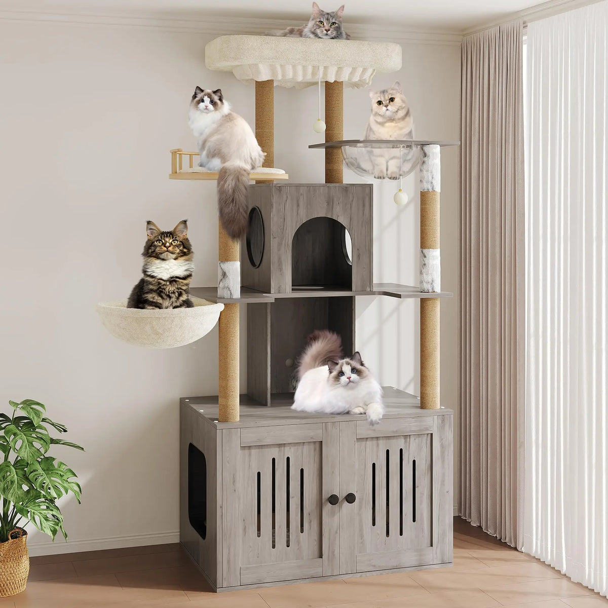 Multi-Level Cat Tree With Hidden Litter Box Enclosure And Scratching Posts