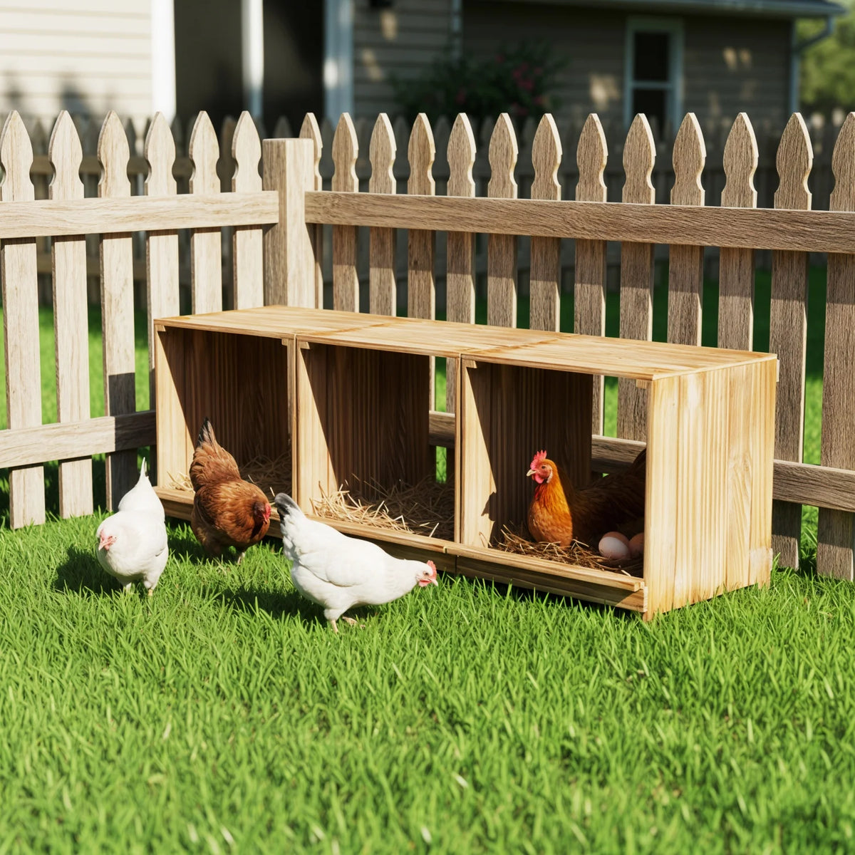 Three Compartment Pine Wood Chicken Nesting Box With Tray