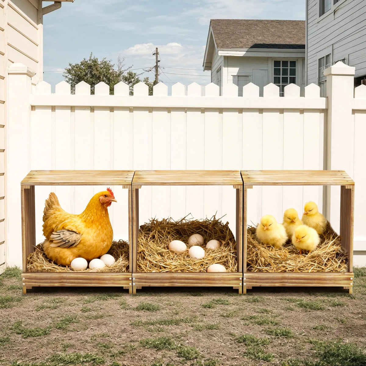 Three Compartment Pine Wood Chicken Nesting Box With Tray