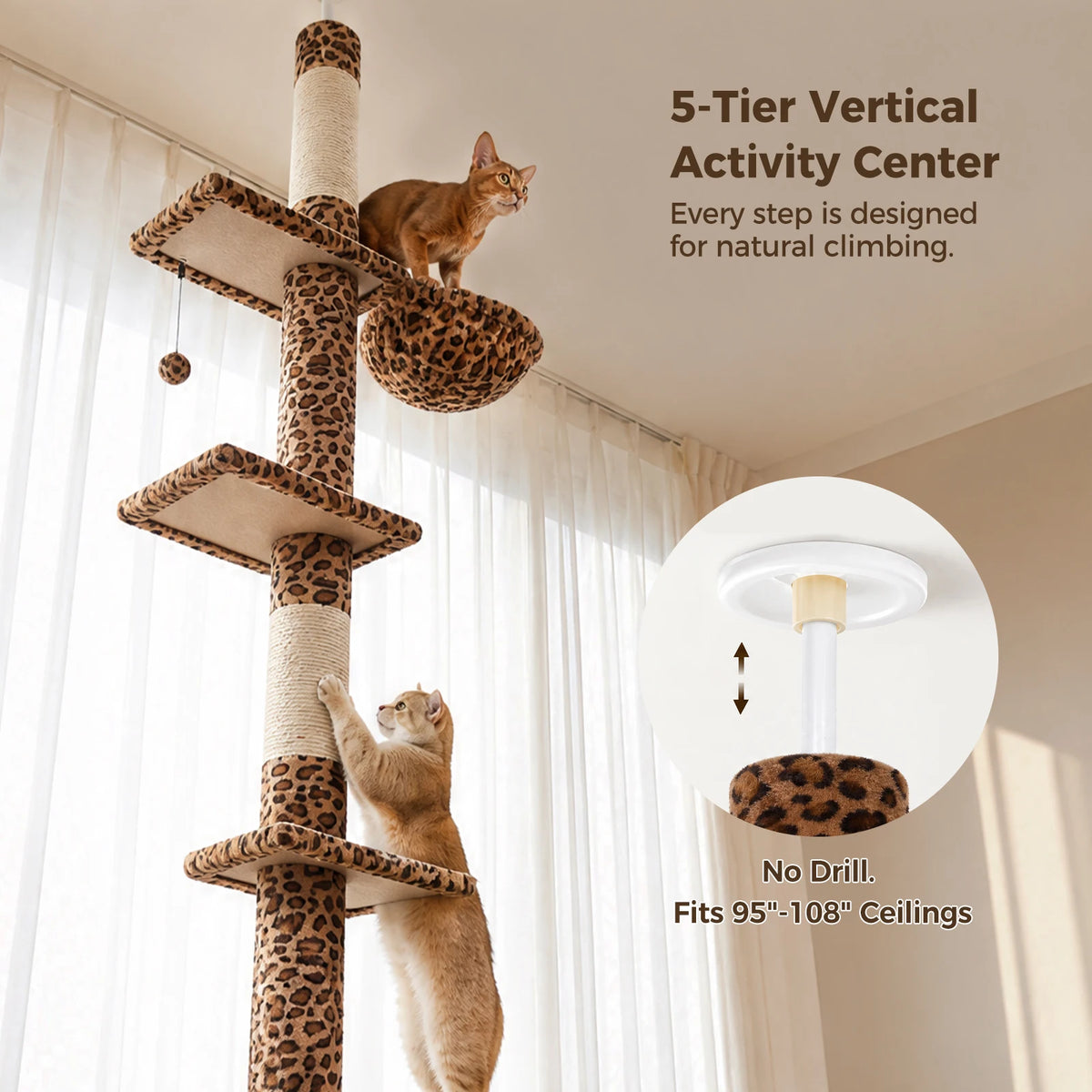 Floor to Ceiling Cat Tree with Sisal Scratching Posts and Hammock