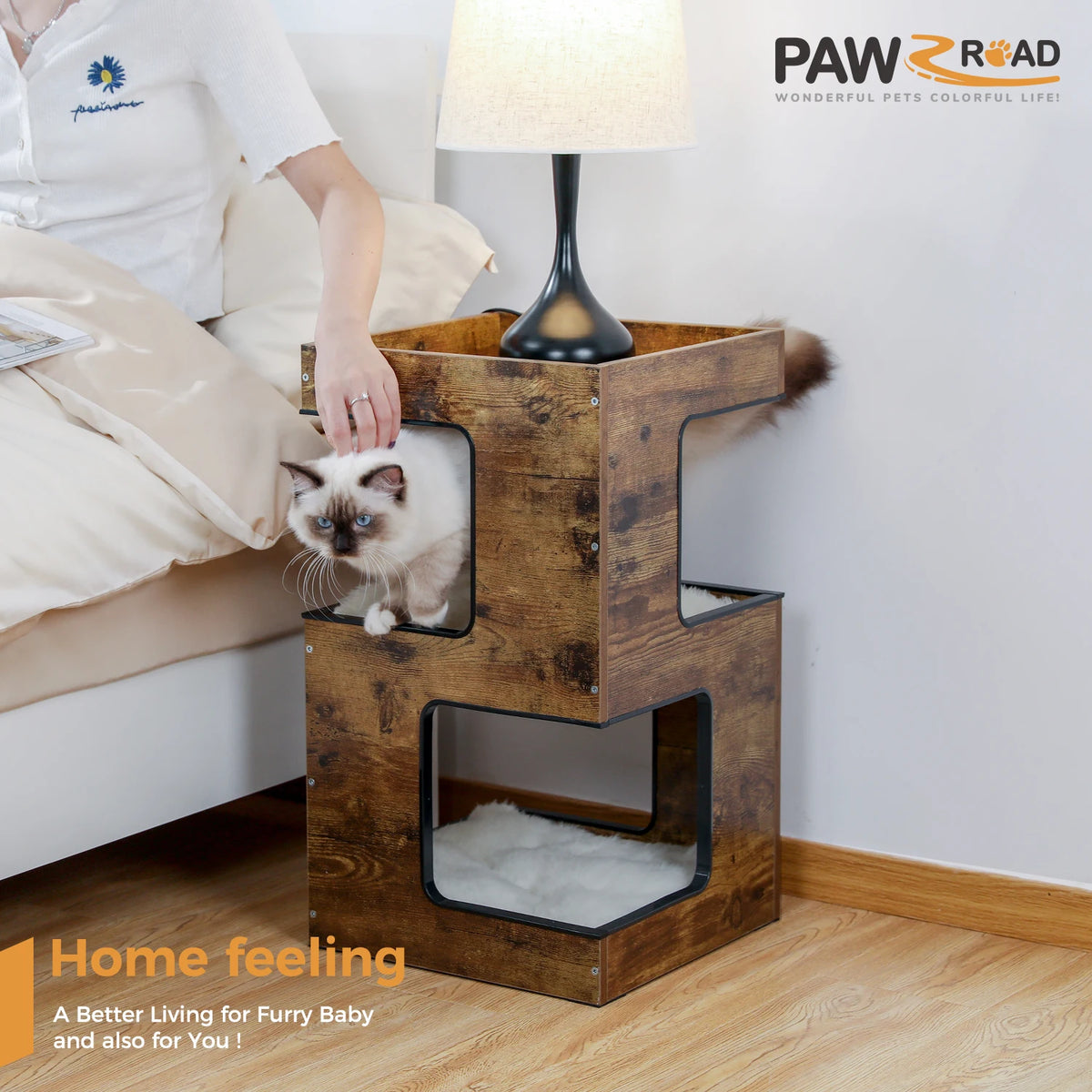 Modern Wood Cat Condo With Removable Mat And Scratching Platform