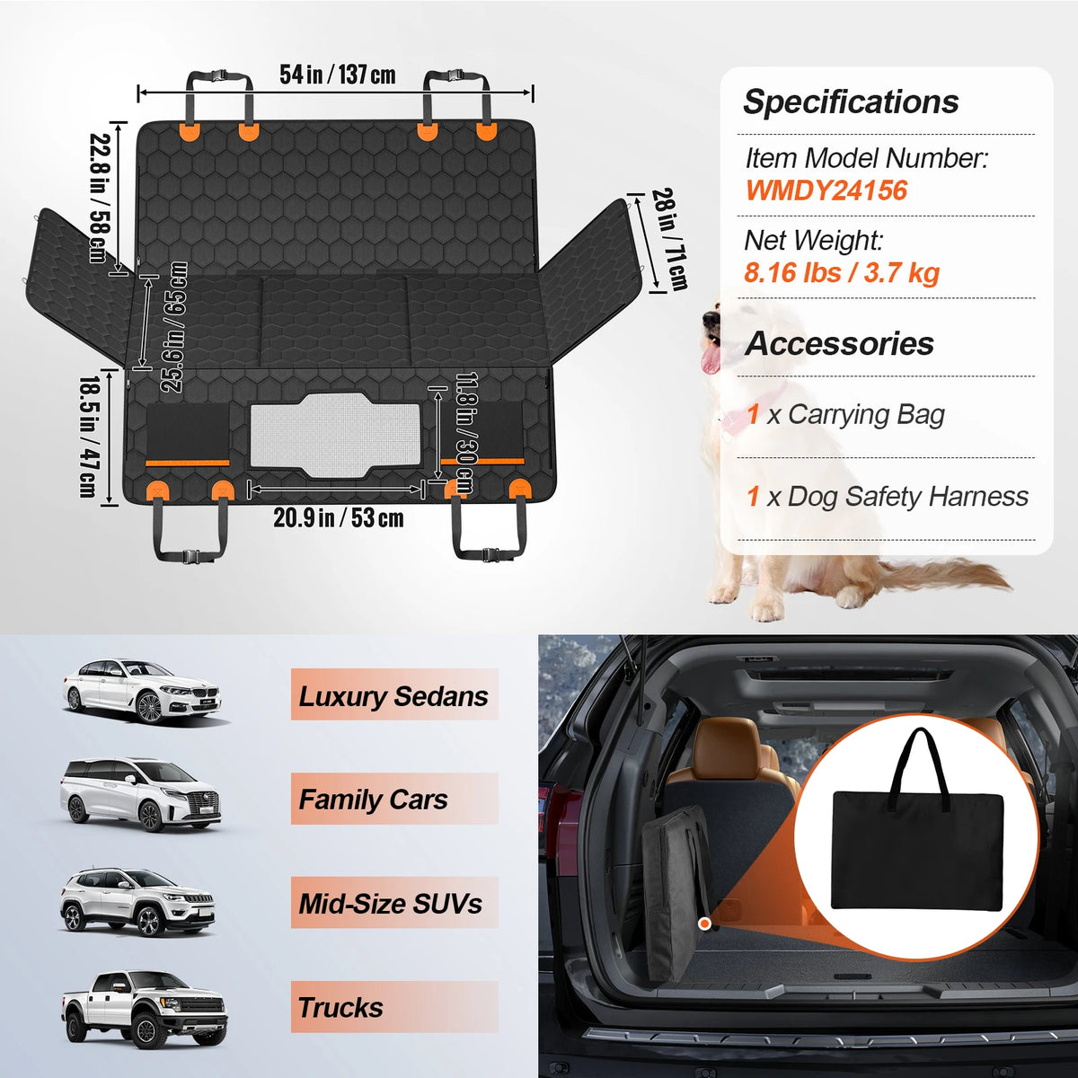Dog Back Seat Extender Hammock With Mesh Window And Storage Pocket Support