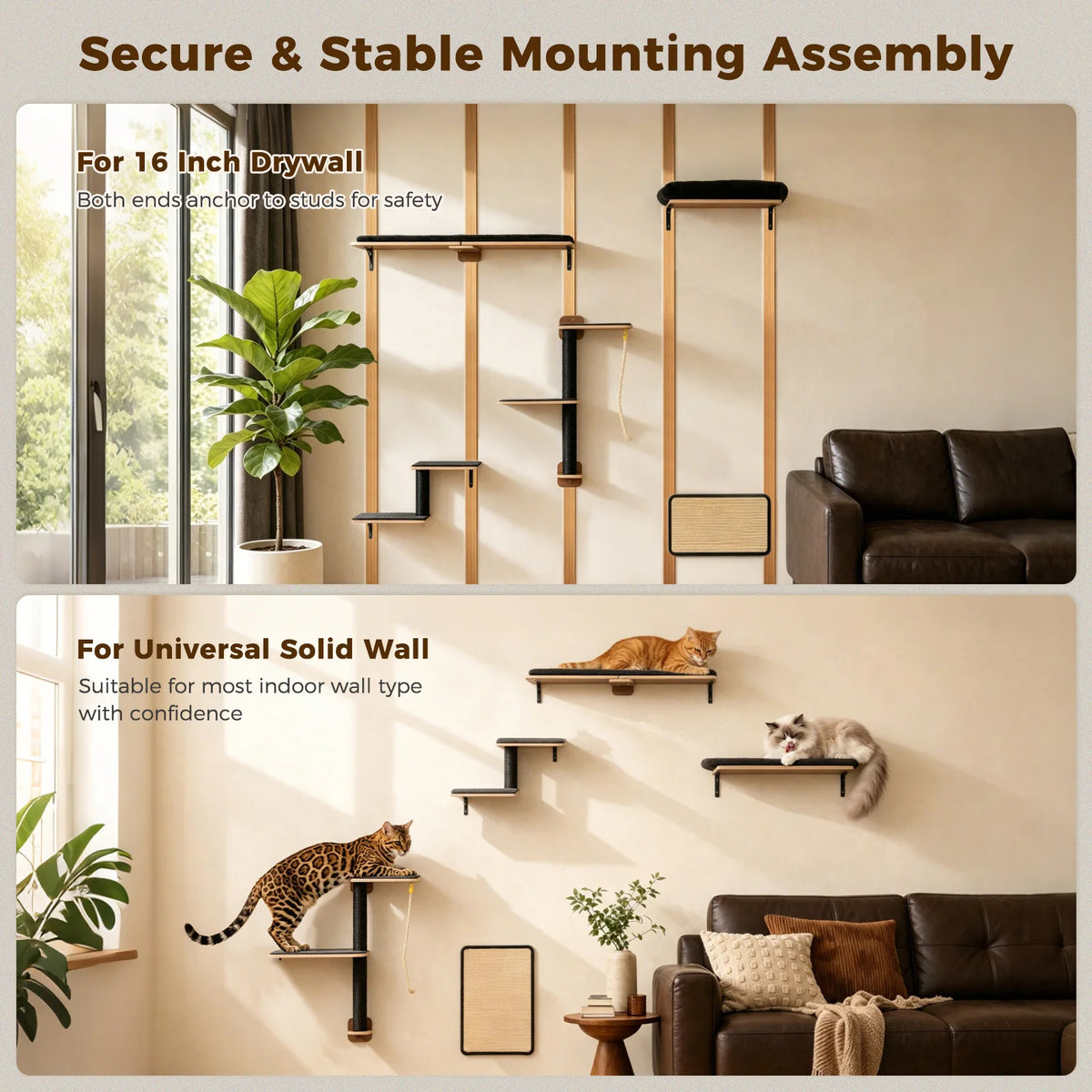 Modern Wooden Cat Wall Climbing Shelves With Sisal Scratching Posts