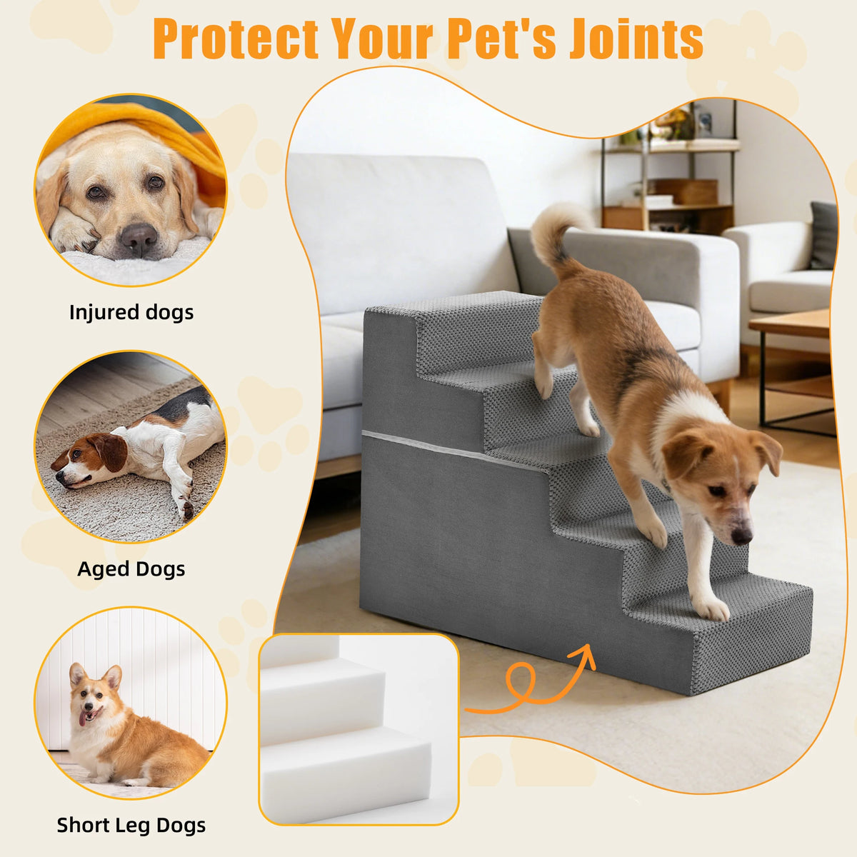 Non Slip Foam Dog Stairs And Right Angle Pet Ramp For Indoor Home Use