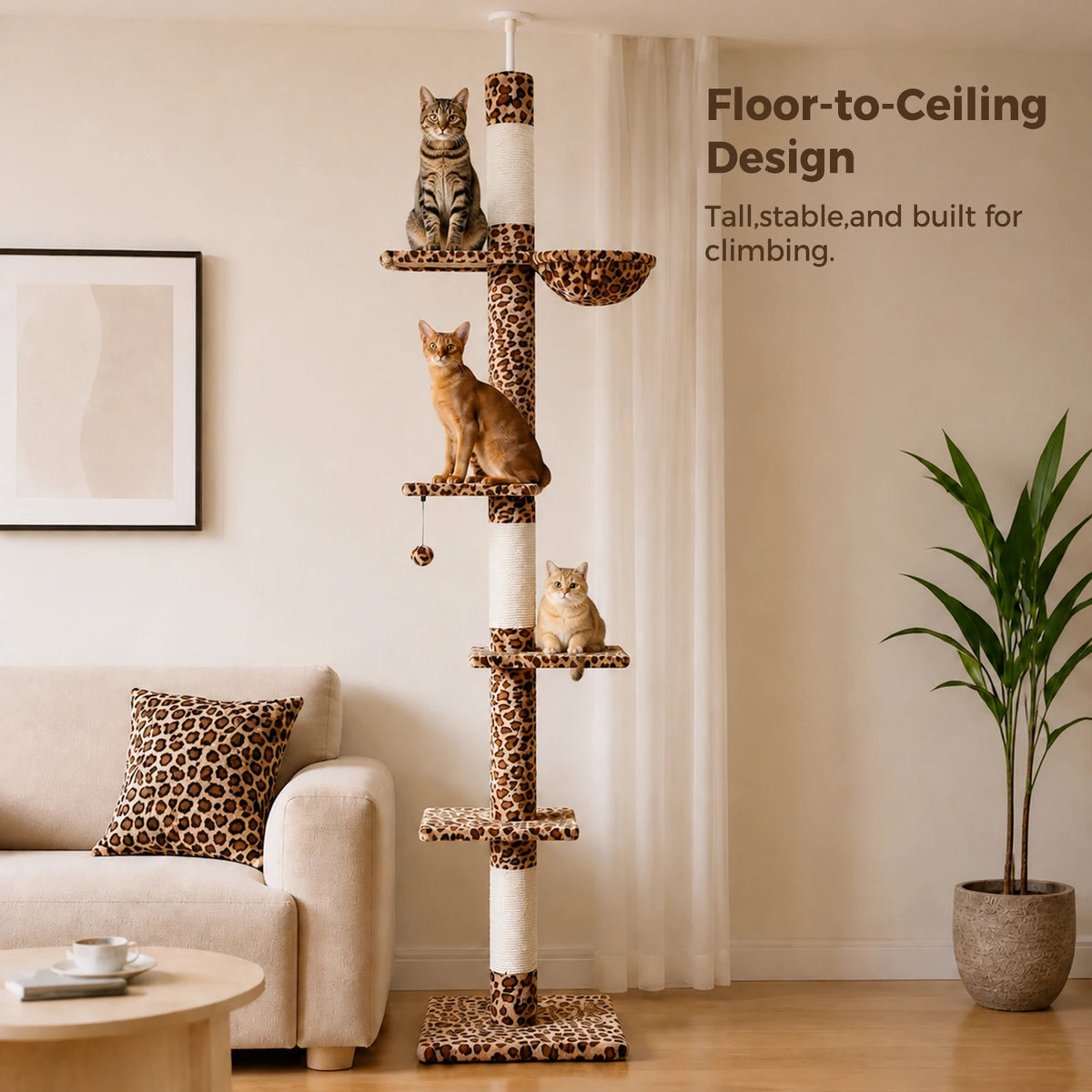 Floor to Ceiling Cat Tree with Sisal Scratching Posts and Hammock