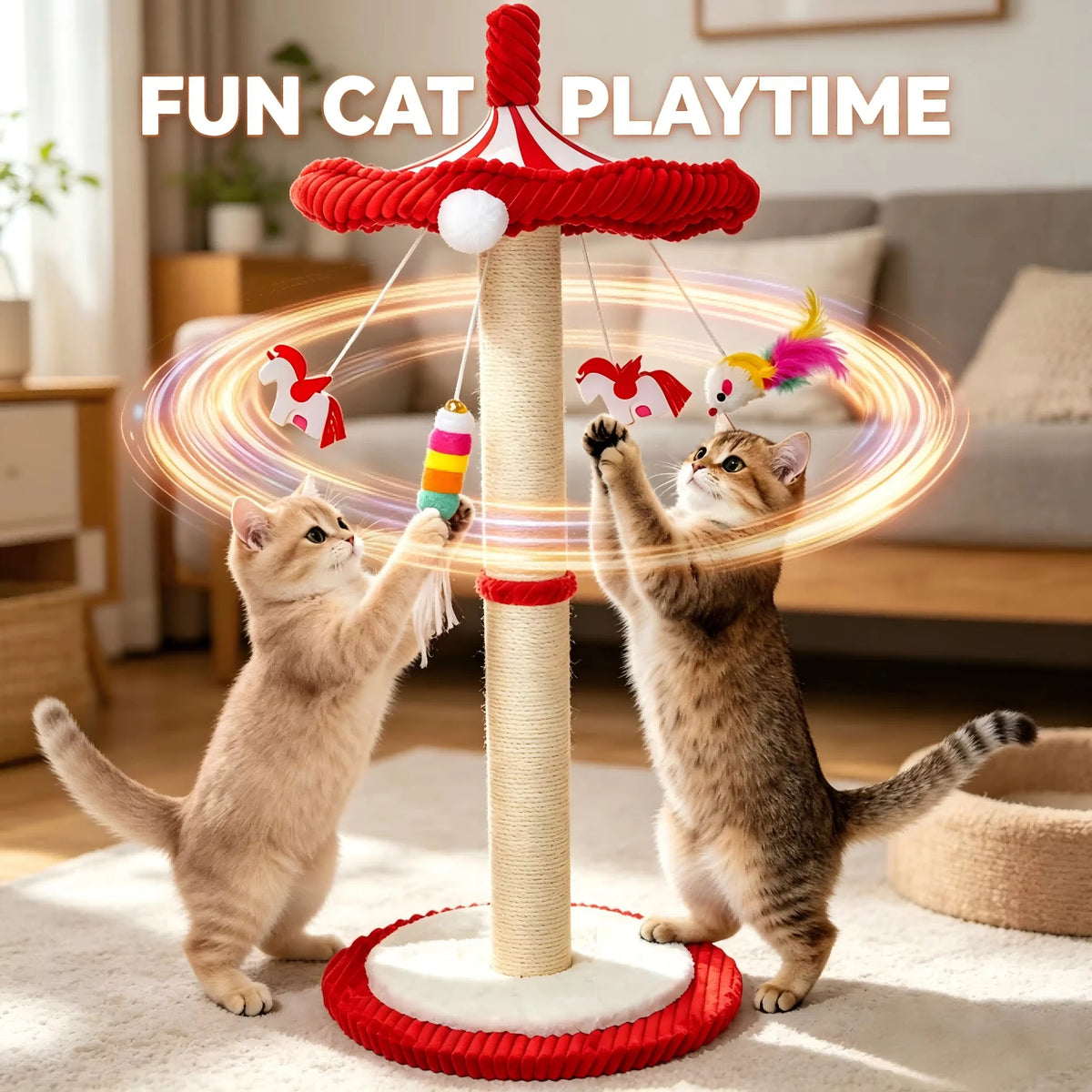 Rotating Carousel Cat Scratching Tower With Hanging Toys