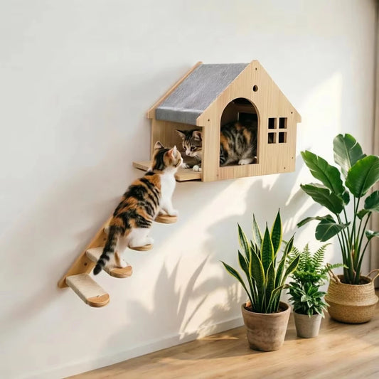 Wall Mounted Wooden Cat Condo And Climbing Shelf For Resting
