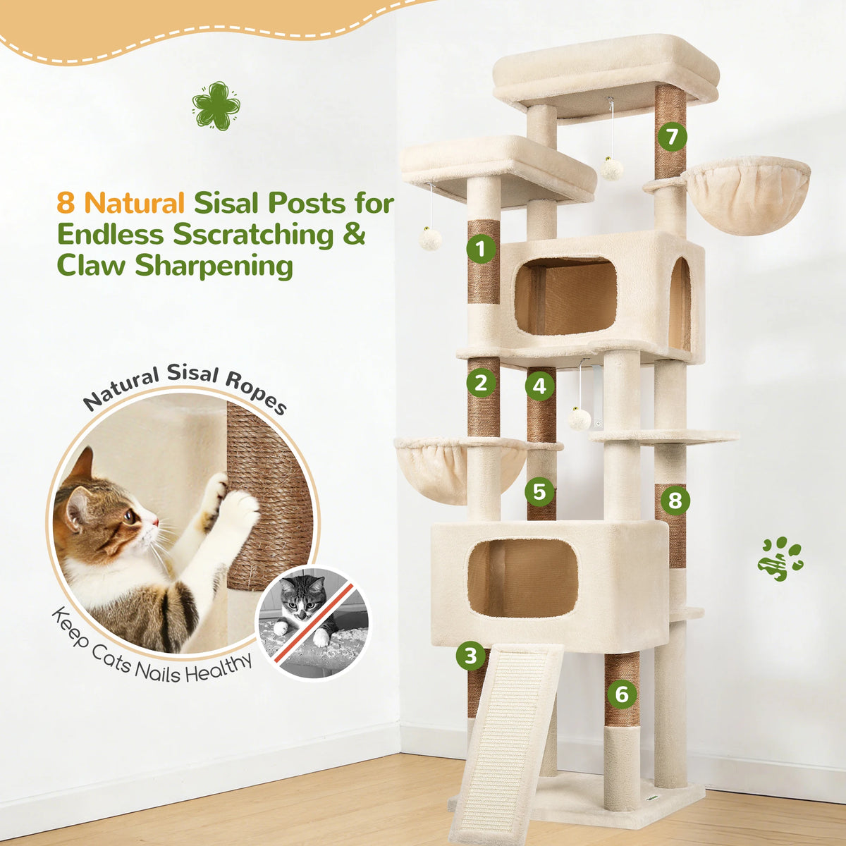 Globlazer 77" Large Cat Tree Tower for Indoor Cats, Multi-Level Cat Climbing Activity Center with 2 Condos, 2 Hammocks, Scratching Posts