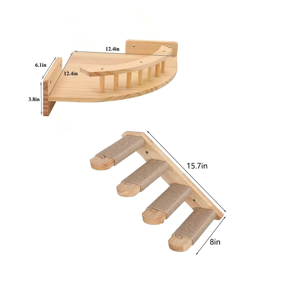 Wall Mounted Pine Wood Cat Hammock Set With Steps For Indoor Cats