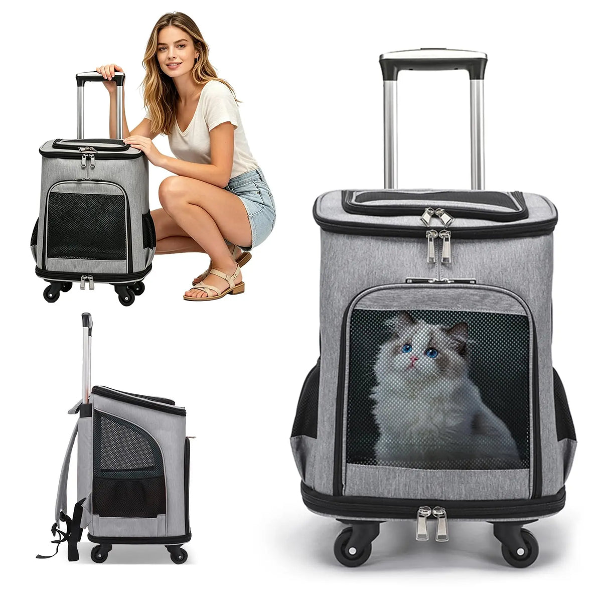 3-in-1 Wheeled Pet Carrier Backpack: Foldable Rolling Travel Carrier with 4-Sided Mesh Ventilation, Removable Pad & Airline Approved for Small Dogs and Cats