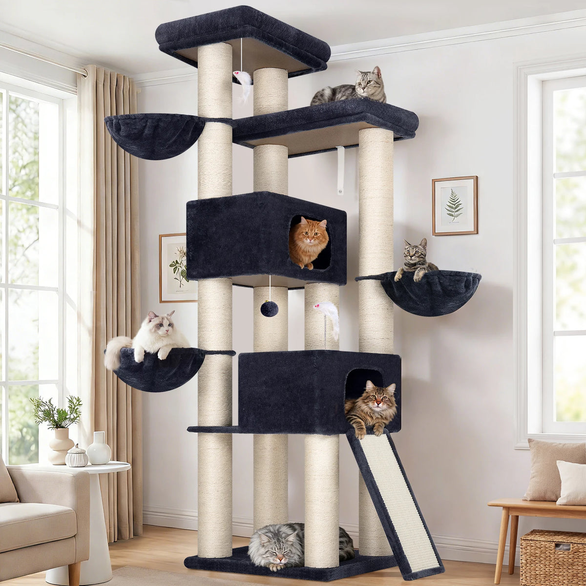 Globlazer 84 Inch Extra Large Cat Tree for Large Cats Multi-Level Big Cat Condo with 14 Sisal Scratching Posts 3 Hammocks Dark Grey