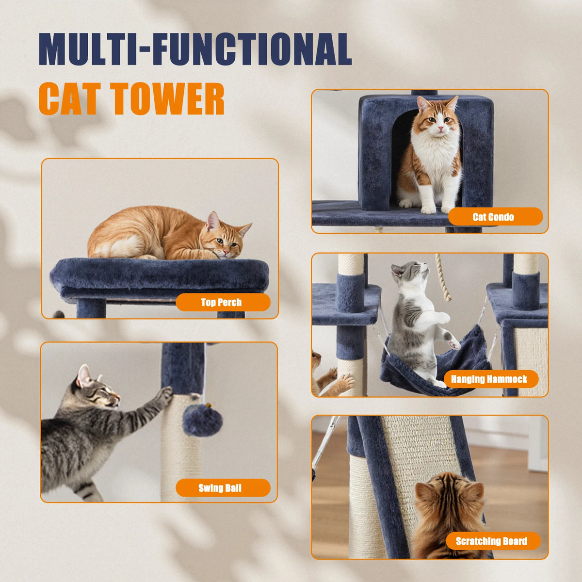Tall Wood Multi Cat Tree Natural Sisal Posts Sturdy Base