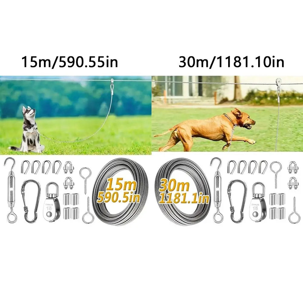 Outdoor Dog Tie Out Cable System With Rust Resistant Metal Trolley