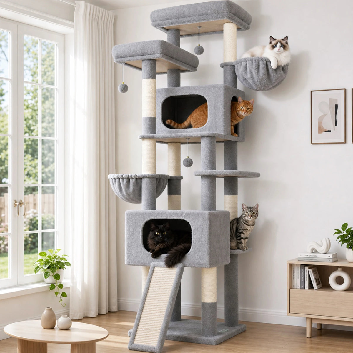 Globlazer 77" Large Cat Tree Tower for Indoor Cats, Multi-Level Cat Climbing Activity Center with 2 Condos, 2 Hammocks, Scratching Posts