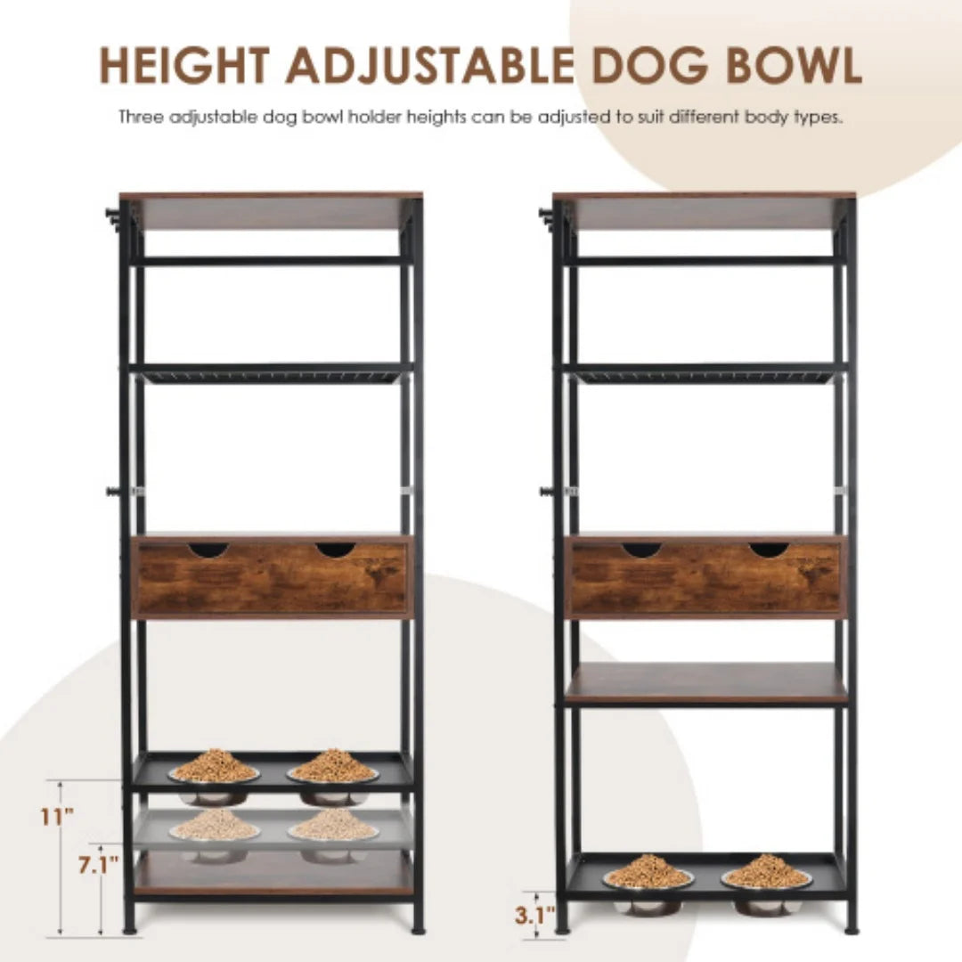 Dog Feeding Station with Storage, 3 Height Adjustable Elevated Dog Bowls Stand with Drawers & Shelves, Stainless Steel Raised Feeder for Large Medium Dogs Cats, Pet Food Cabinet for Home