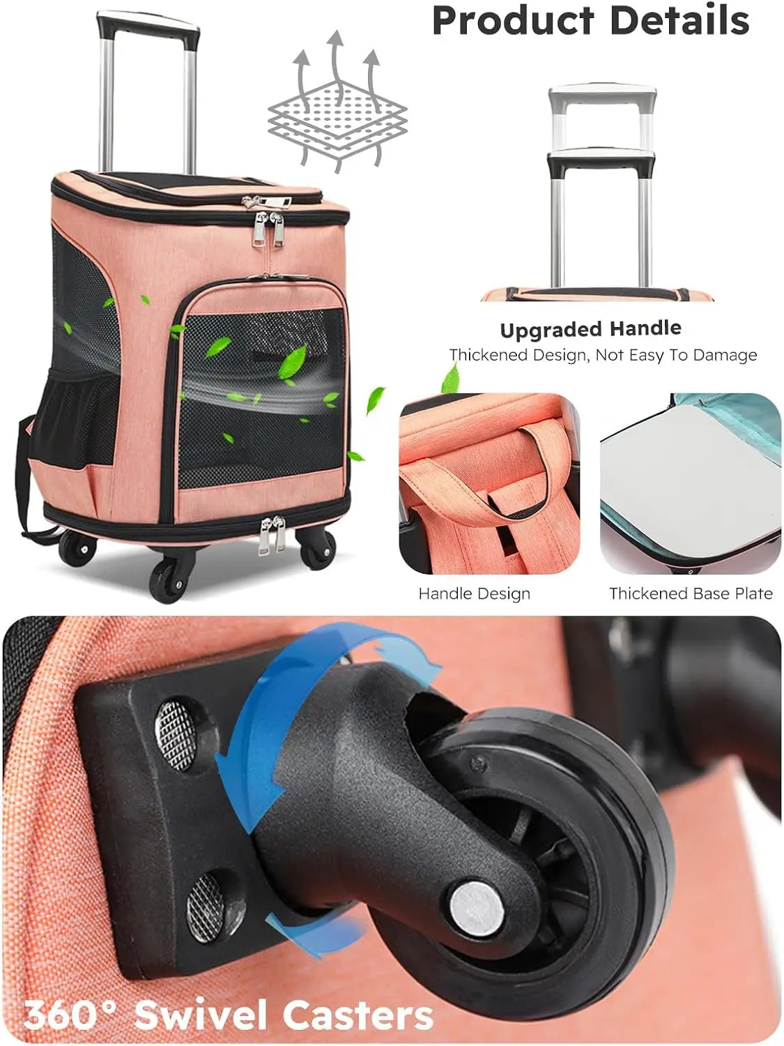 3-in-1 Wheeled Pet Carrier Backpack: Foldable Rolling Travel Carrier with 4-Sided Mesh Ventilation, Removable Pad & Airline Approved for Small Dogs and Cats