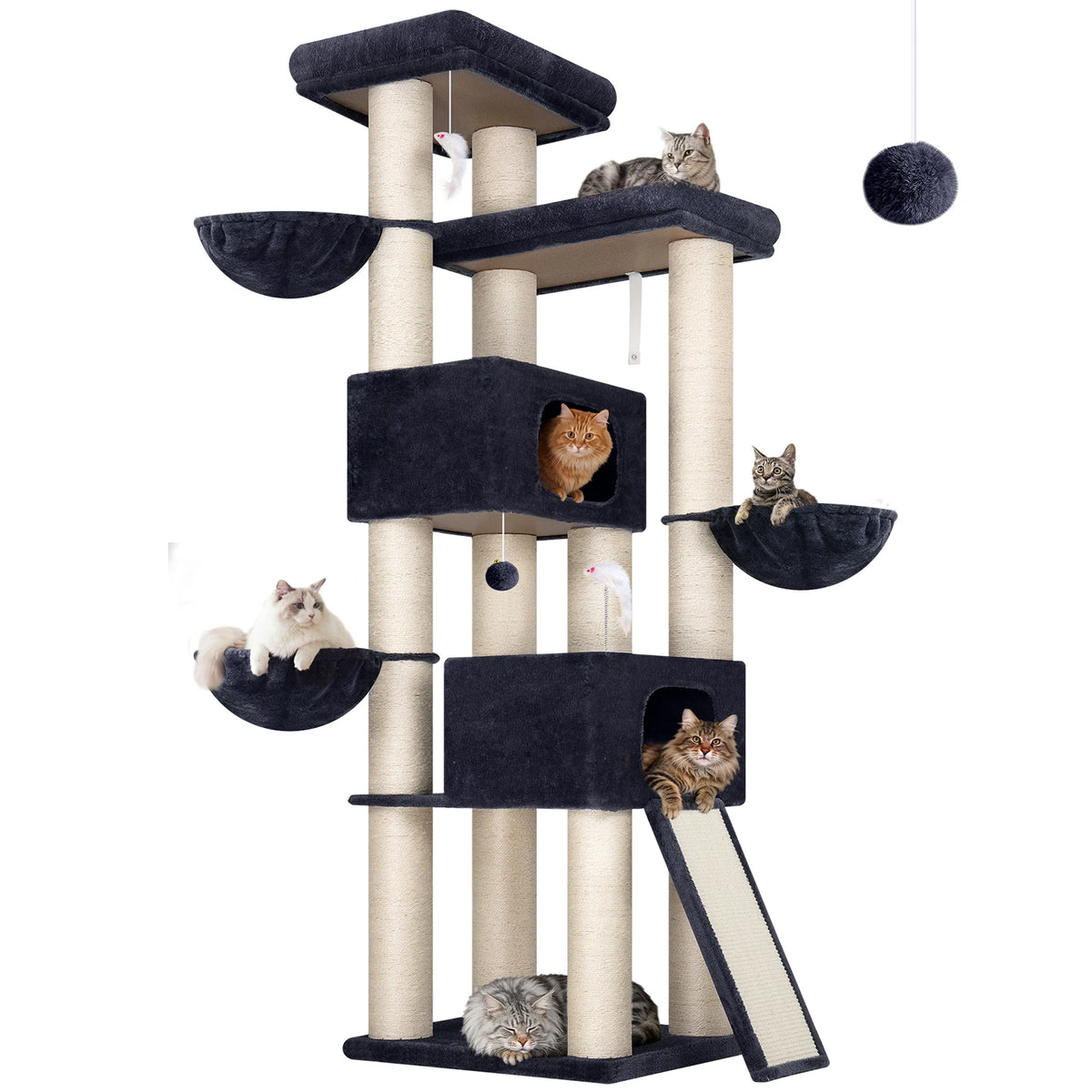Globlazer 84 Inch Extra Large Cat Tree for Large Cats Multi-Level Big Cat Condo with 14 Sisal Scratching Posts 3 Hammocks Dark Grey