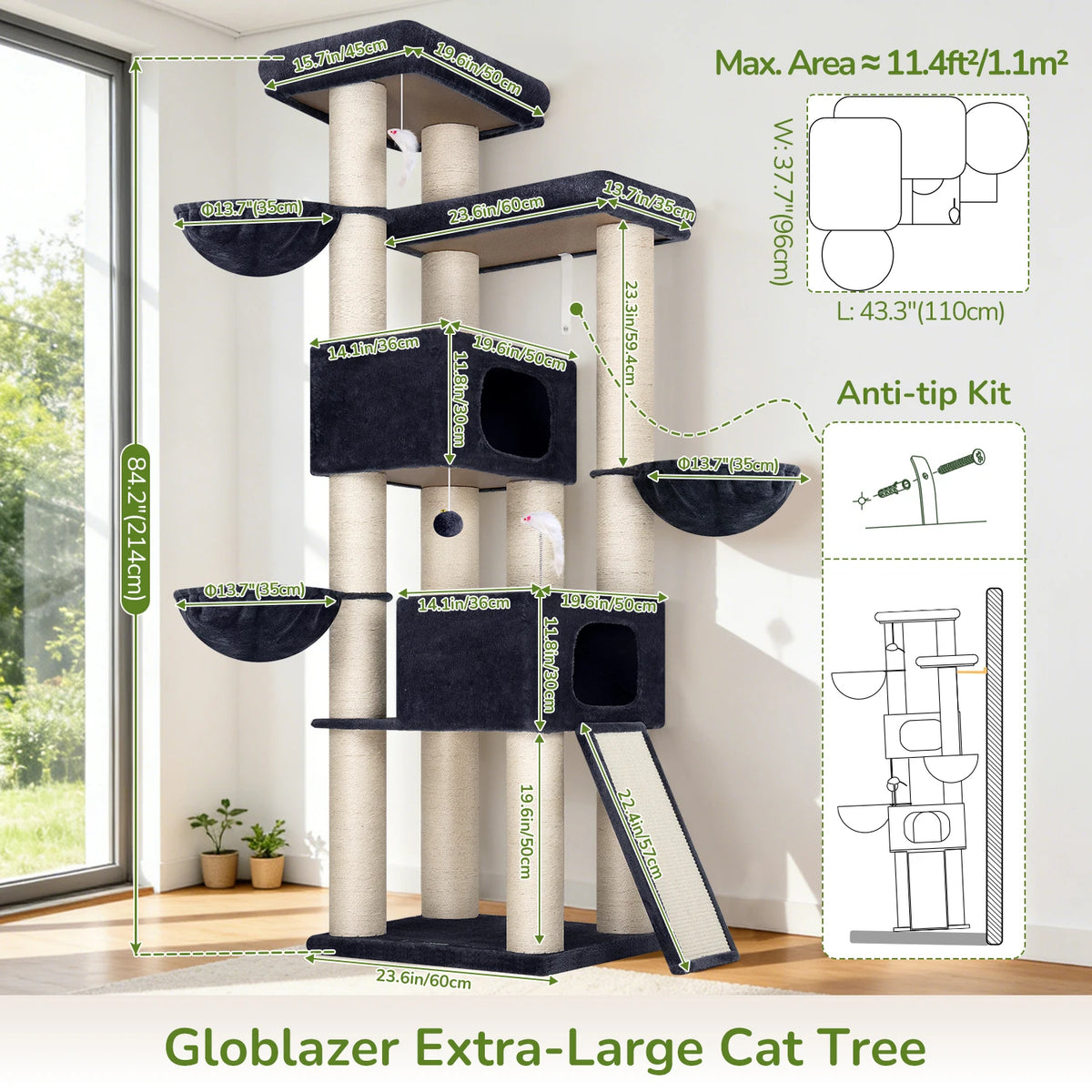 Globlazer 84 Inch Extra Large Cat Tree for Large Cats Multi-Level Big Cat Condo with 14 Sisal Scratching Posts 3 Hammocks Dark Grey