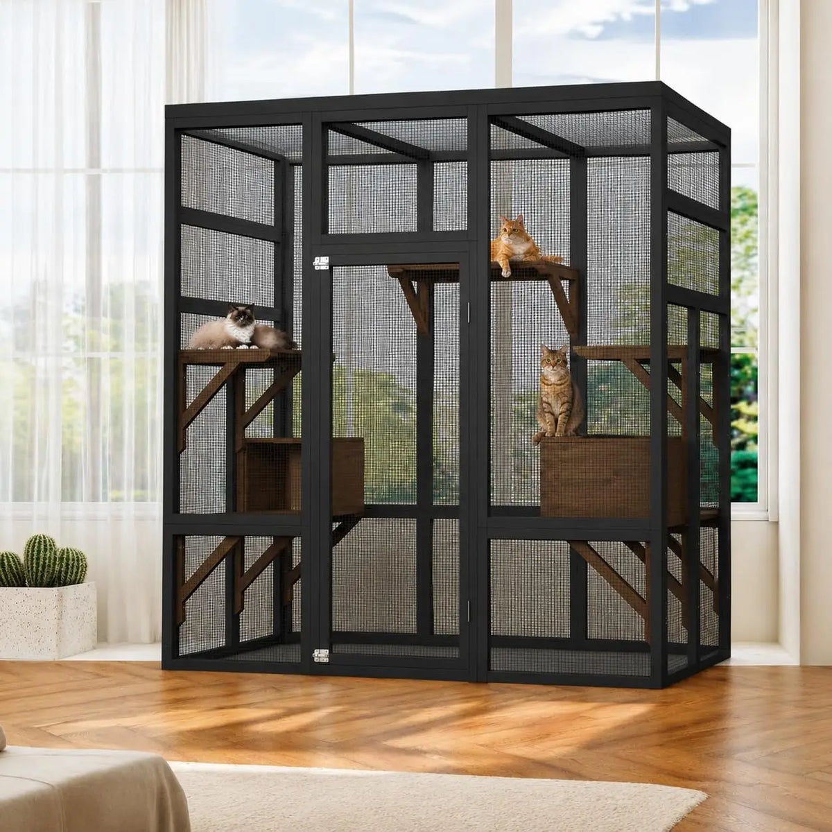 Outdoor Wooden Cat Enclosure With Weatherproof Roof And Multi Level Perches