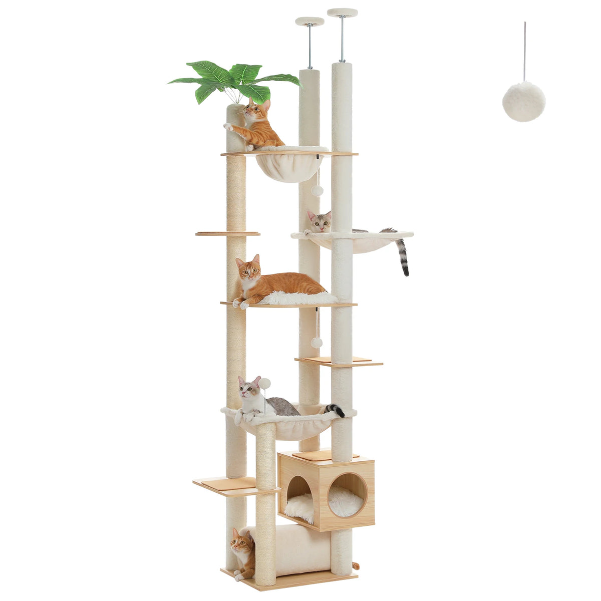 Height Adjustable Wooden Cat Tree With Hammock And Sisal Scratching Posts
