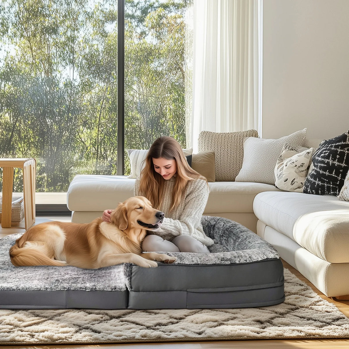 Foldable Orthopedic Human Pet Bed With Removable Plush Bolster