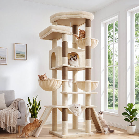 75 Inch Tall Cat Tree for Large Adult Cats, Sturdy Cat Tower with Condos, Hammocks, Sisal Scratching Posts and Boards Multi-Level