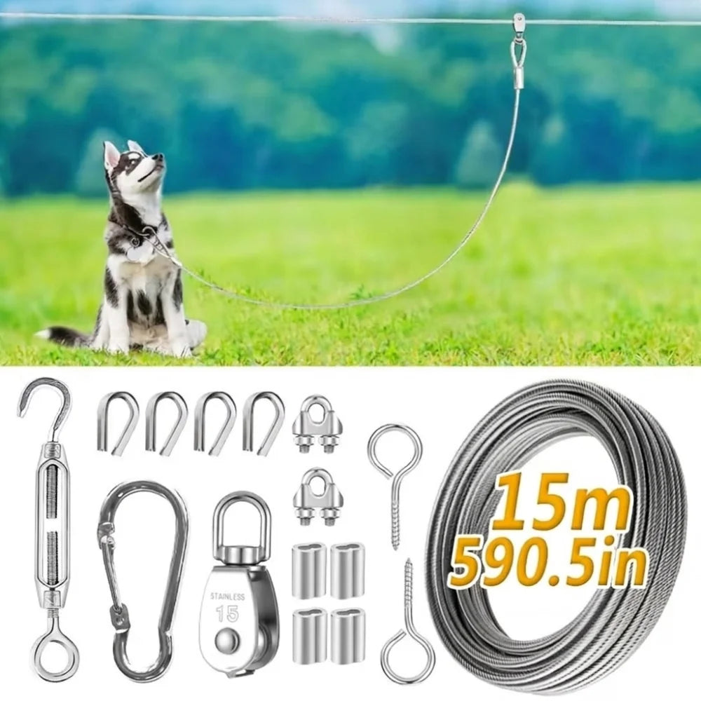 Outdoor Dog Tie Out Cable System With Rust Resistant Metal Trolley