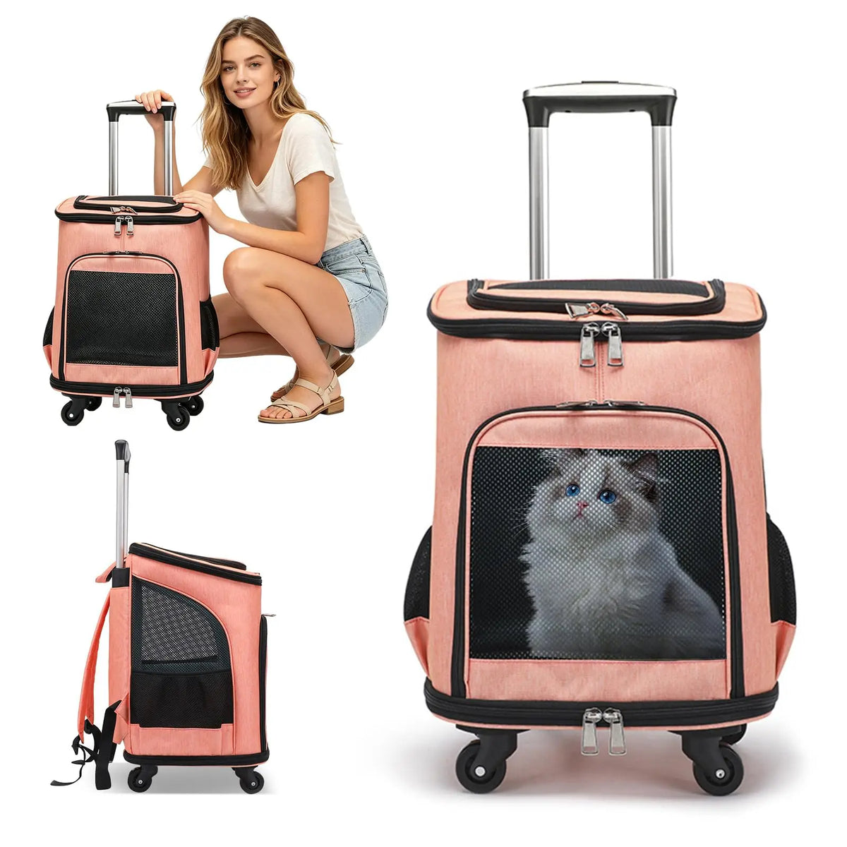 3-in-1 Wheeled Pet Carrier Backpack: Foldable Rolling Travel Carrier with 4-Sided Mesh Ventilation, Removable Pad & Airline Approved for Small Dogs and Cats