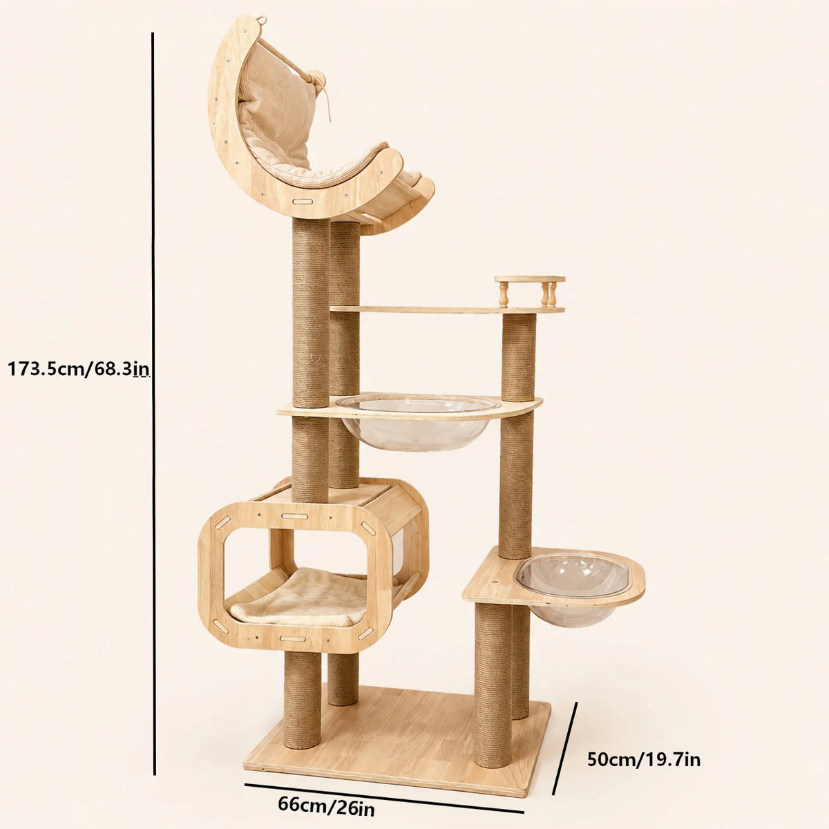 68.3 inch Multi-Level Wooden Cat Tree Tower with Moon Hammock, Sisal Scratching Posts, Clear Acrylic Bowl Beds and Cozy Cat Condo for Indoor Cats