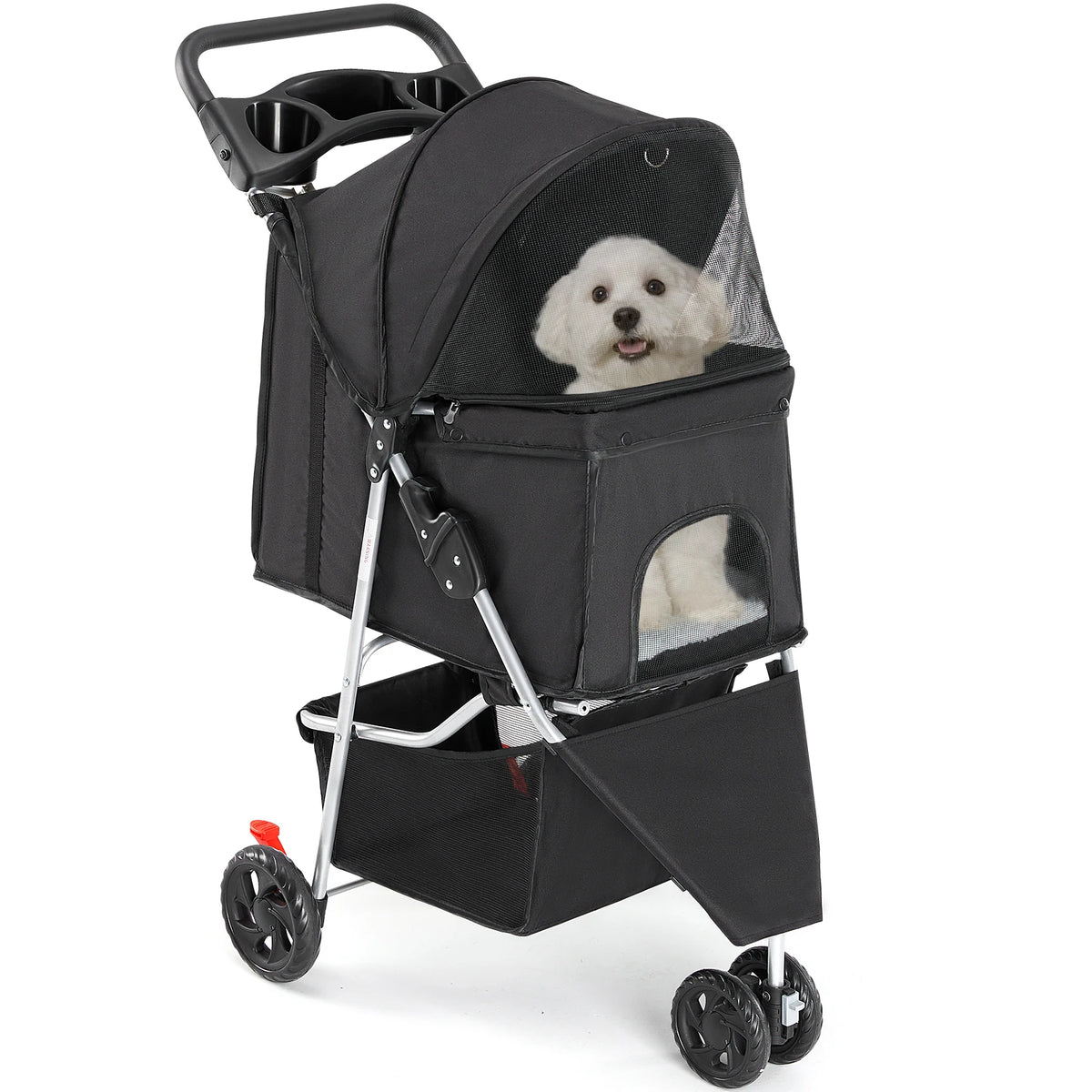 Foldable Three Wheel Pet Stroller With Mesh Windows And Storage Basket