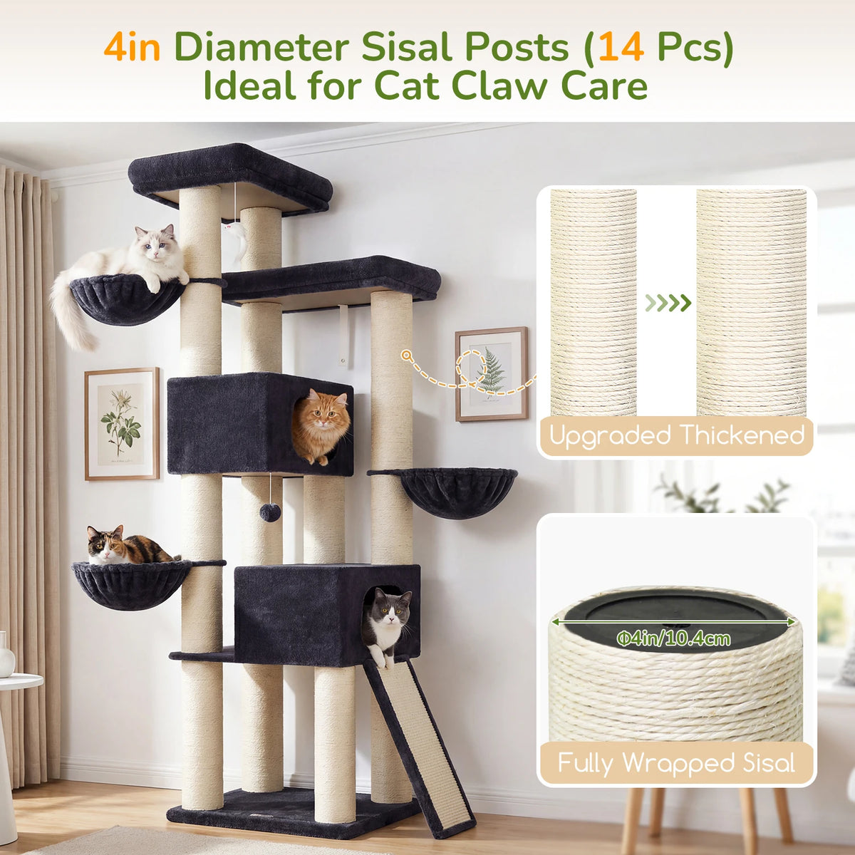 Globlazer 84 Inch Extra Large Cat Tree for Large Cats Multi-Level Big Cat Condo with 14 Sisal Scratching Posts 3 Hammocks Dark Grey